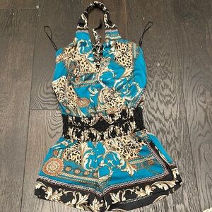 Arden B. Blue and Black Patterned Romper